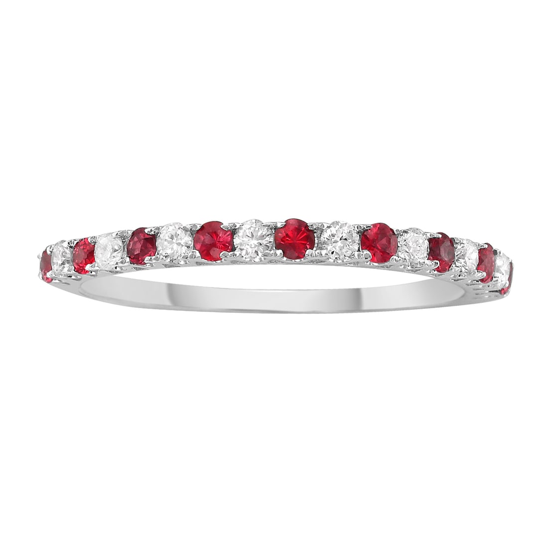 14K White Gold Band Ring with Diamonds and Rubies: Exuding refined sophistication, this exquisite Band Ring features a harmonious blend of White Diamonds and vibrant Rubies. The ring is meticulously crafted in 14K White Gold, enhanced with Rhodium for