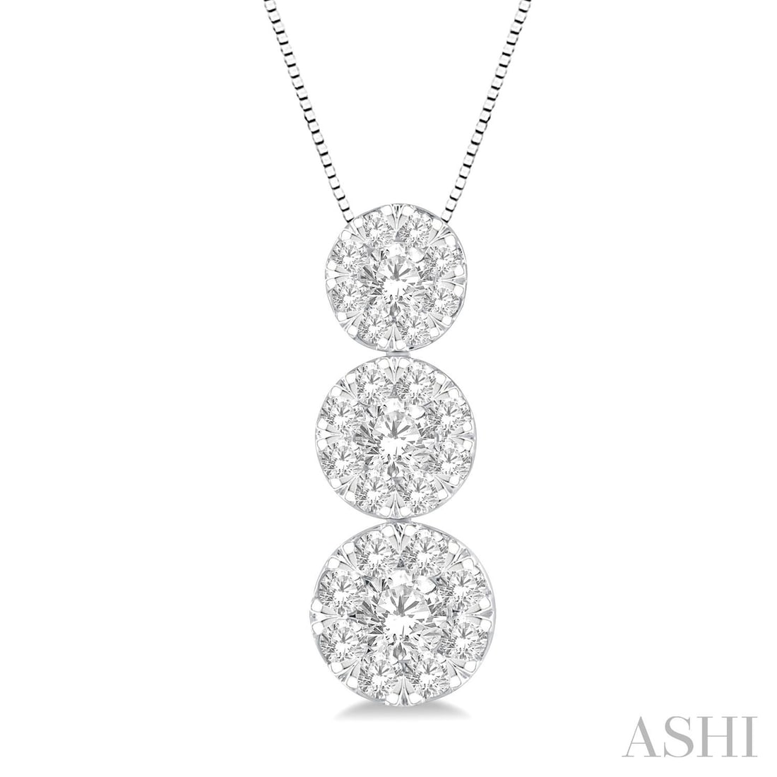 0.99 ctw Cluster Three Stone Diamond Pendant 14K White Gold: A vision of luxury, this breathtaking Cluster pendant featuring White Diamond defines sophistication. Expertly mounted in a Three-Stone Cluster setting, the pendant is crafted in 1.05 g of solid 14K W