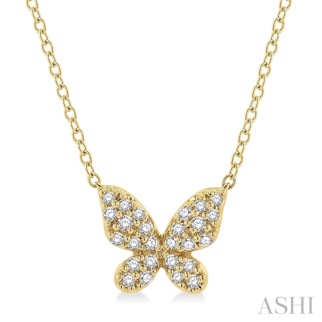 0.15 ctw White Diamond Butterfly Motif 10K Yellow Gold Pendant Necklace: Captured in a moment of brilliance, this elegant Butterfly Motif pendant necklace featuring White Diamond speaks to the connoisseur. Securely held in a classic Cluster design, the pendant necklace is 