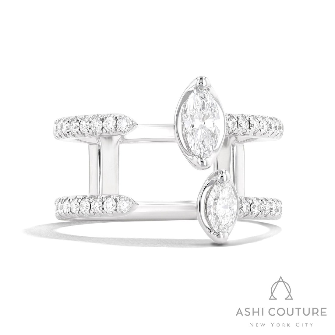 0.87 ctw Marquise & Round Diamond Floating 2-Row Ring 18K White Gold: Timeless and sophisticated, this magnificent Paradox 2-Row Floating ring featuring White Diamond radiates enduring beauty. Securely held in a classic Bypass design, the ring is forged from 7.0 grams o