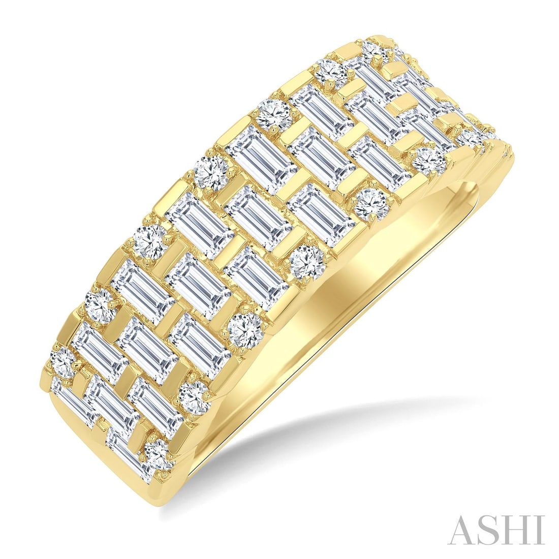 1.09 ctw Grid Pattern Diamond Baguette and Round 14k Yellow Gold Band Ring: Rare and radiant, this breathtaking Grid Pattern band ring featuring White Diamond offers a touch of the extraordinary. A detailed Channel and Prong Combination Wide Band gallery secures the stones, r