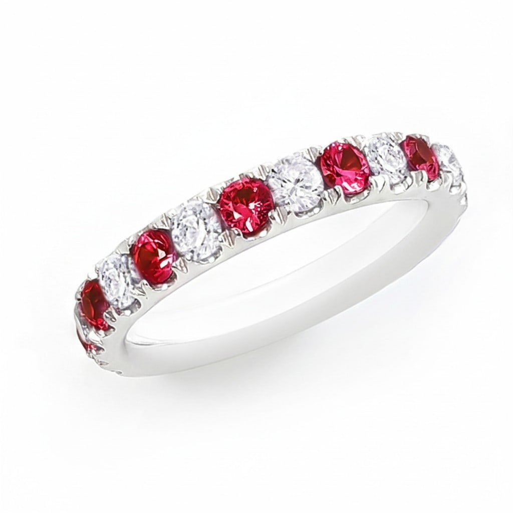 1.54ctw Ruby and 0.62ct Diamond 14K White Gold Ring: An exquisite masterpiece of haute joaillerie, this magnificent Alternating Band ring featuring Ruby, White Diamond is a true treasure. Showcasing the gems in a Shared Prong arrangement, the ring consi
