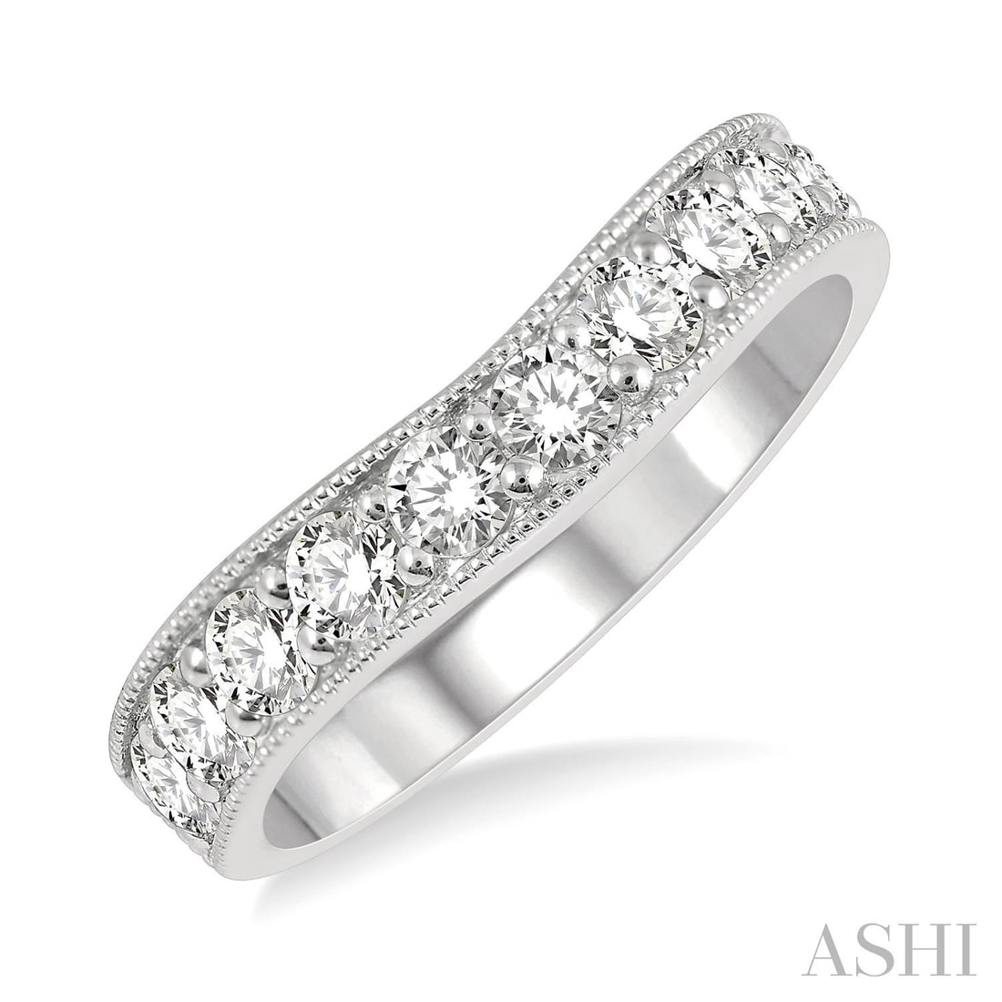 1.0 ctw Round Diamond Wedding Band 14K White Gold: Timeless and sophisticated, this elegant Arched Milgrain ring featuring Natural Diamonds radiates enduring beauty. The gemstones are nestled within a Band framework, supported by a substantial 4.15 g 