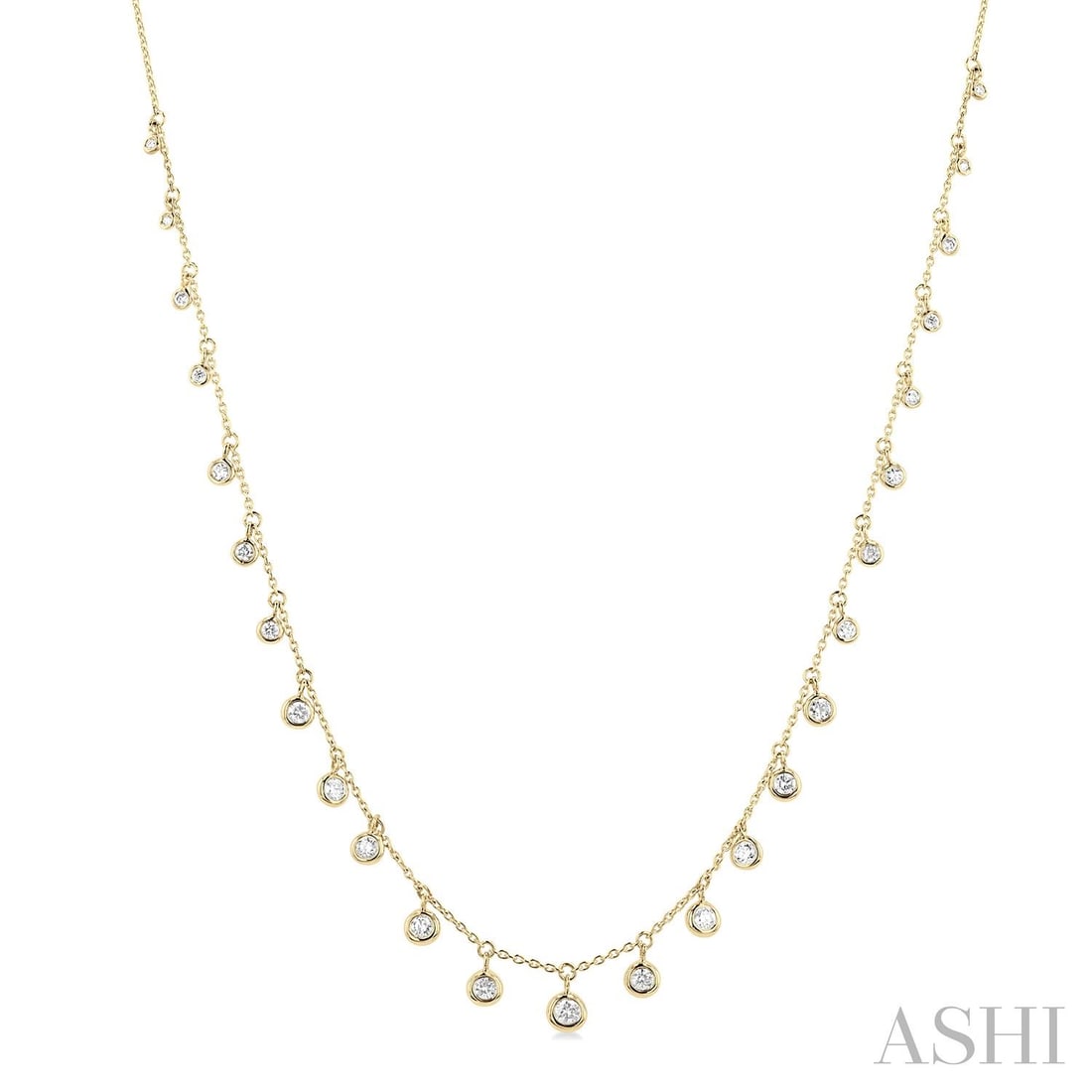 0.59 ctw Round Diamond Bezel Set Station 14K Yellow Gold Necklace: Epitomizing grandeur, this elegant Station necklace featuring White Diamond stands as a beacon of refined taste. Showcasing the gems in a Station arrangement, the necklace consists of 3.4 g of 14K Yel
