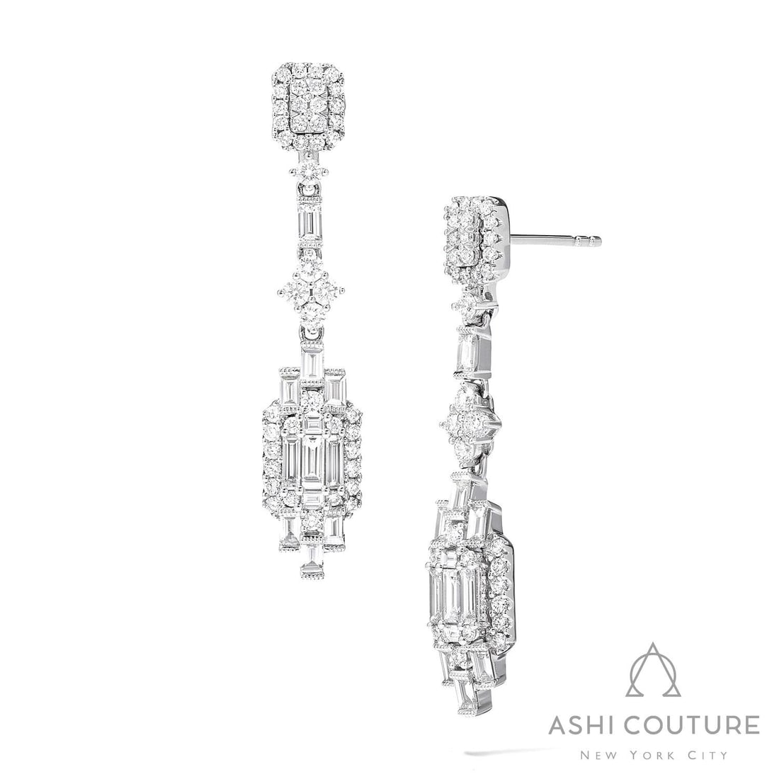 1.91 ctw Baguette & Round Diamond 18K White Gold Earrings: Timeless and sophisticated, this elegant Vintage Baguette pair of earrings featuring Natural Diamonds radiates enduring beauty. Securely held in a classic Cluster/Drop design, the earrings are forged 