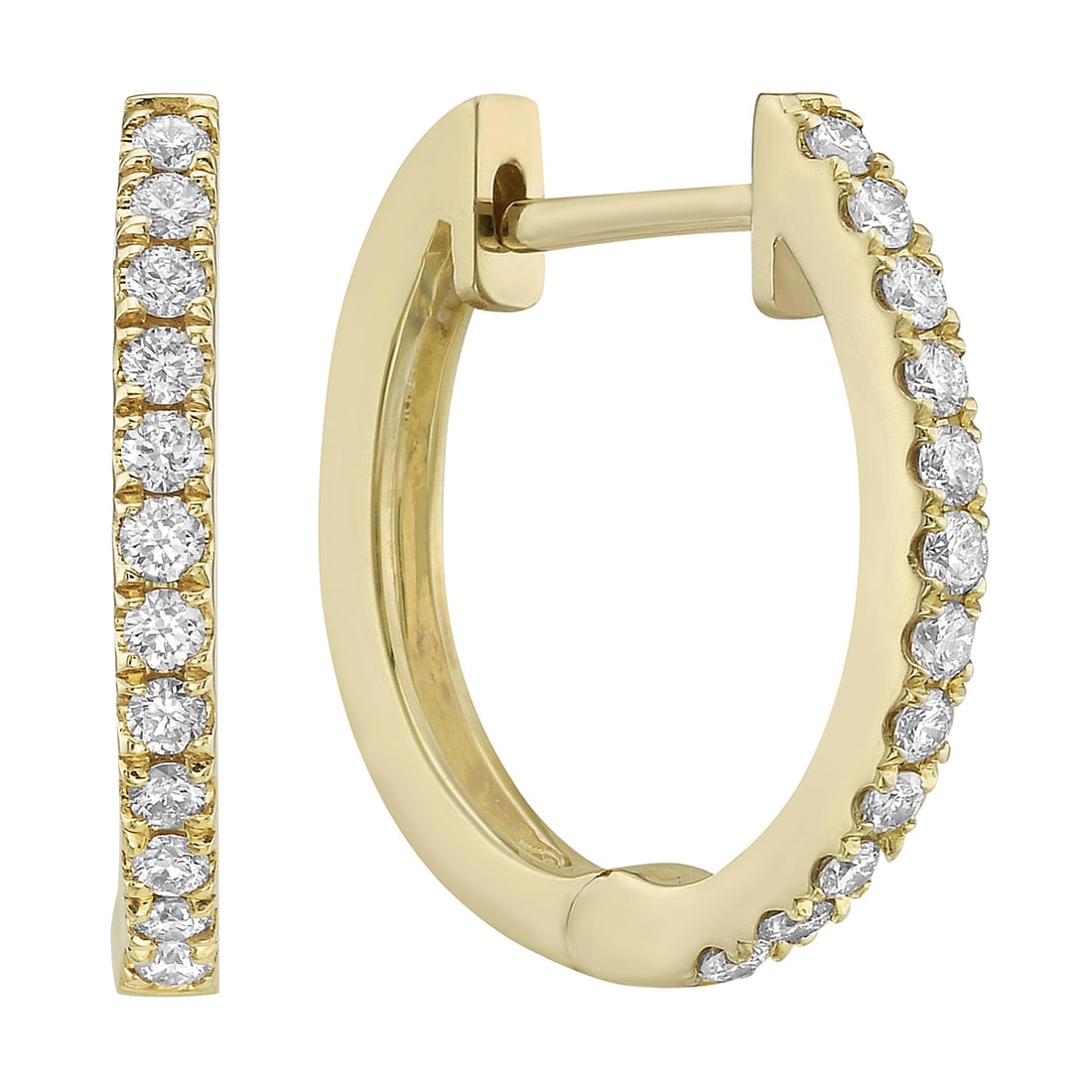 14K Yellow Gold Hoop Earrings with 0.26 CTW White Diamonds: Elegant and refined, this exquisite pair of hoop earrings features dazzling round-cut diamonds that exude a captivating allure. Each diamond is securely set in a classic prong design, crafted from lus