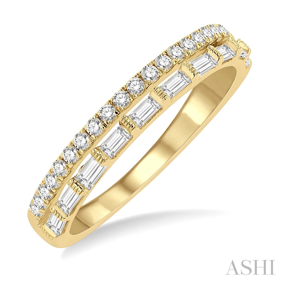 0.50 ctw Baguette and Round Diamond 14K Yellow Gold Stackable Band Ring: A testament to superior craftsmanship, this magnificent Parallel Row ring featuring White Diamond is unparalleled. A detailed Multi-Row Band gallery secures the stones, rendered in 2.9 grams of lustro