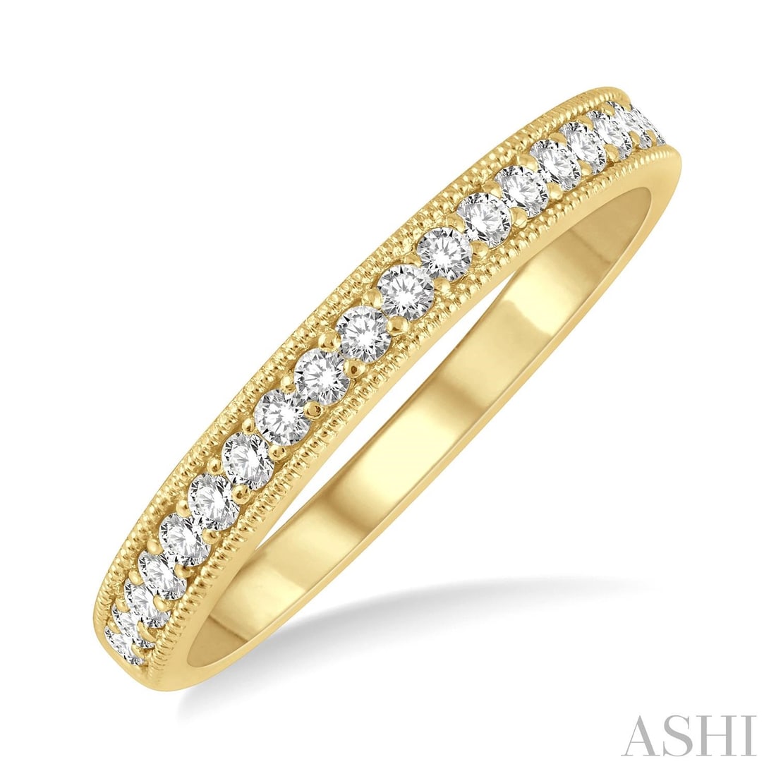 0.25 ctw White Diamond 14K Yellow Gold Wedding Band: Timeless and sophisticated, this elegant Milgrain Finish ring featuring White Diamond radiates enduring beauty. The gemstones are nestled within a Half-Eternity framework, supported by a substantial 2