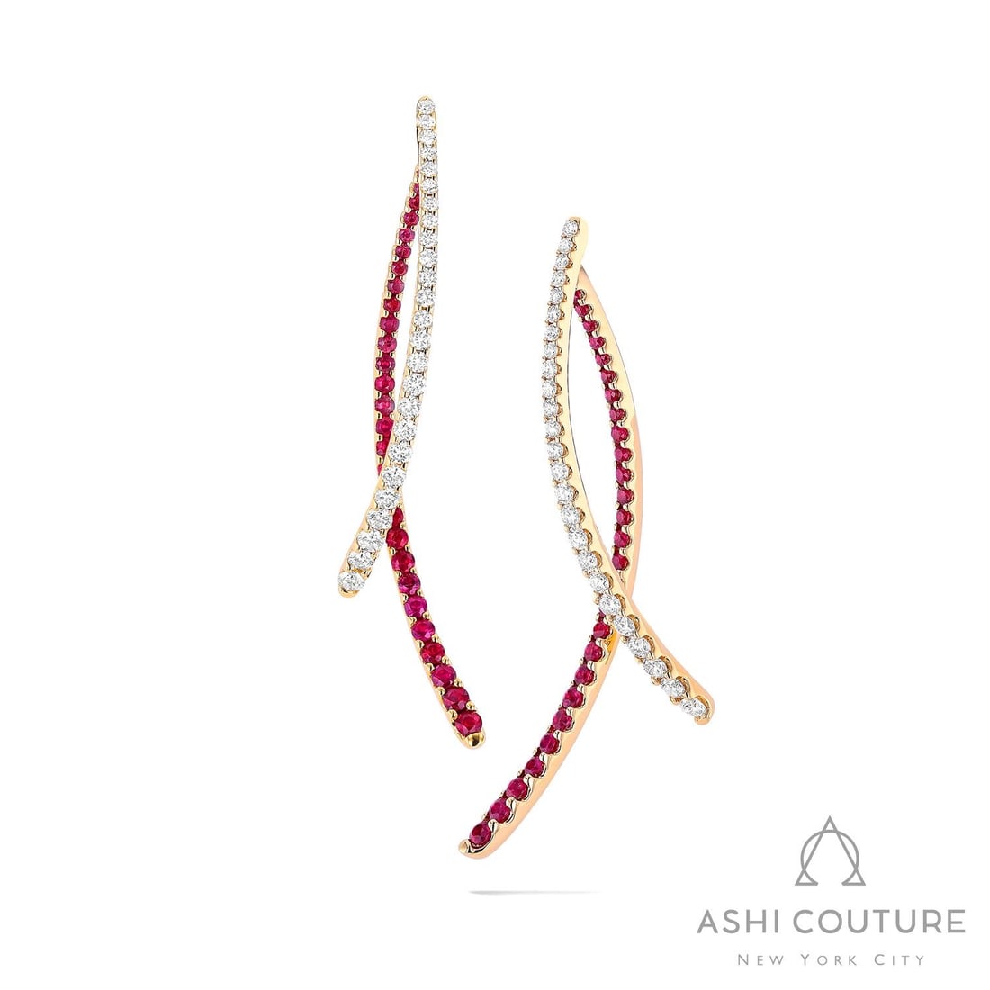0.97 ctw Ruby and Diamond 18K Yellow Gold Earrings: Retail Value: $11,610 A symphony of light and color, this exquisite Curved Dangle pair of earrings featuring Ruby, White Diamond embodies the pinnacle of luxury. A detailed Dangle gallery secures the 