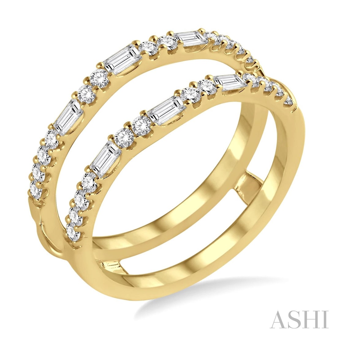 0.55 ctw Baguette & Round Diamond 14K Yellow Gold Insert Ring: A symphony of light and color, this breathtaking Baguette and Round Cut ring featuring White Diamond embodies the pinnacle of luxury. Expertly mounted in a Insert/Guard Ring setting, the ring is craft