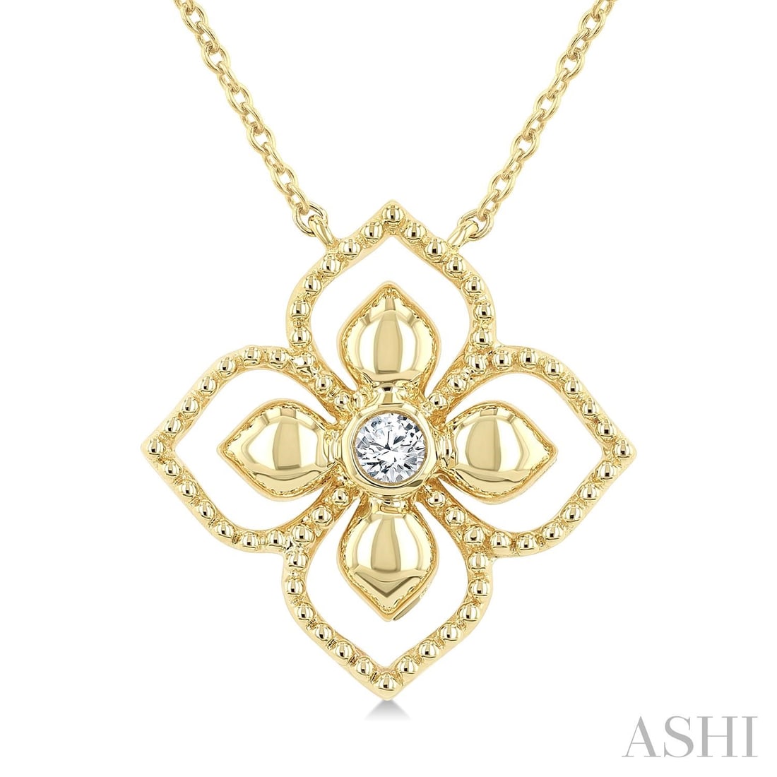 0.05 ctw Diamond Floral Medallion Bezel Set 10K Yellow Gold Pendant: Exuding opulence and grace, this elegant Floral Medallion pendant featuring White Diamond is crafted for the distinguished. A detailed Bezel gallery secures the stones, rendered in 1.65 grams of lustr