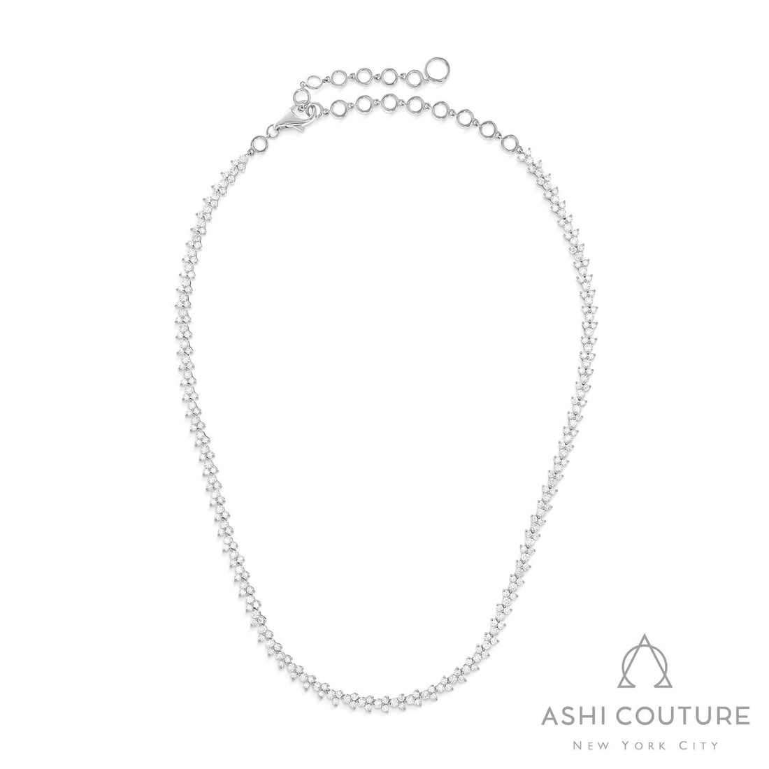 7.43 ctw Duchess Chevron Diamond 18K White Gold Necklace: A symphony of light and color, this breathtaking Chevron necklace featuring White Diamond embodies the pinnacle of luxury. The gemstones are nestled within a Continuous Link/Shared Prong framework, su