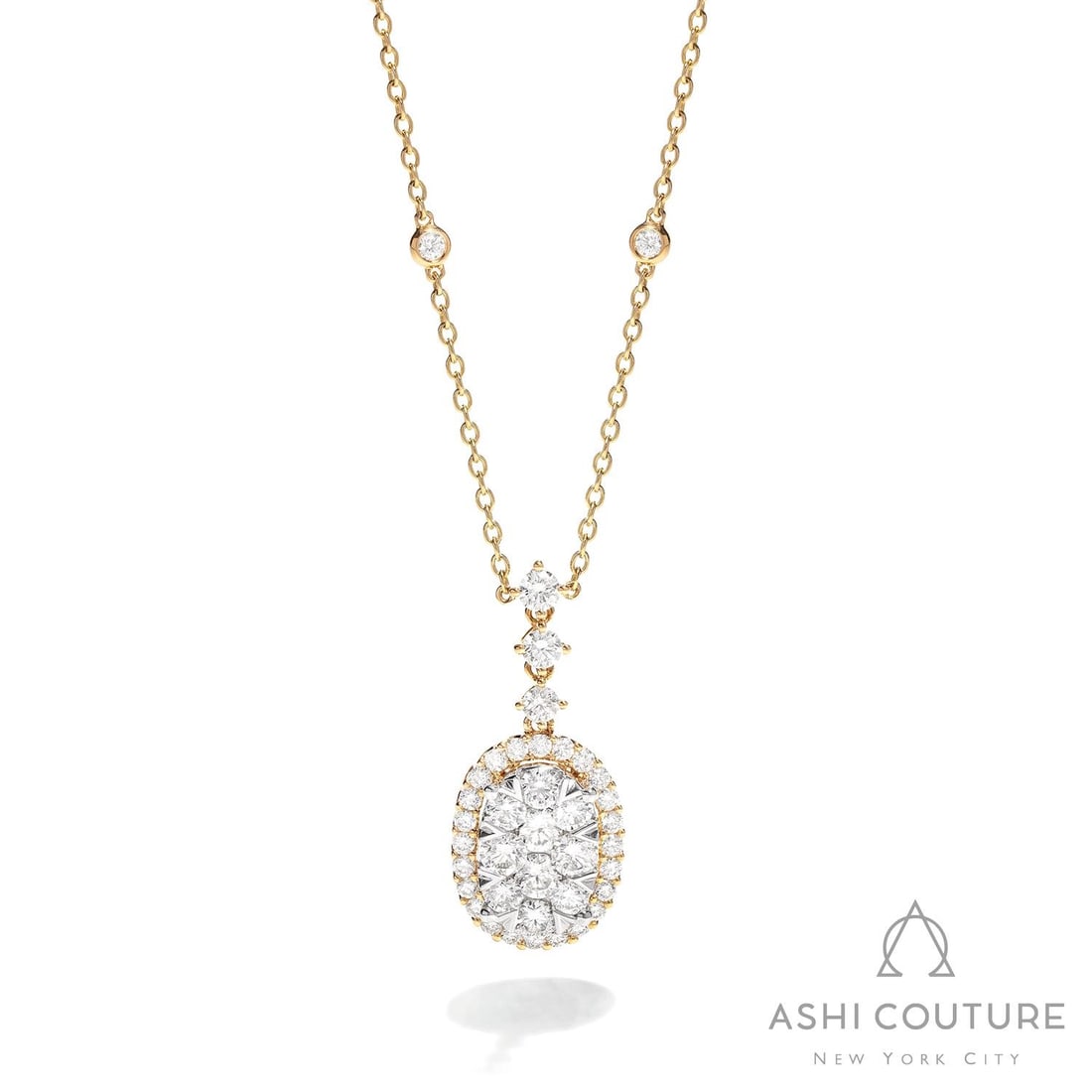 2.44 ctw White Diamond Fiori Oval Cluster 18K Yellow & White Gold Pendant: Rare and radiant, this magnificent Fiori Oval Cluster pendant necklace featuring White Diamonds offers a touch of the extraordinary. A detailed Halo gallery secures the stones, rendered in 6.0 grams o