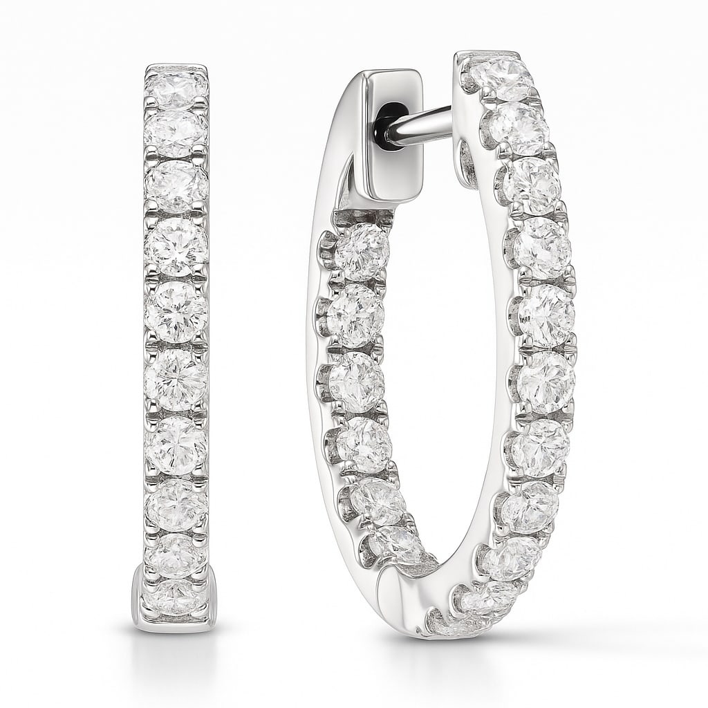 14K White Gold Inside-Out Hoop Earrings with 0.82 CTW Diamonds: Elegant and refined, this exquisite pair of Inside-Out Hoop Earrings features dazzling Round Cut Diamonds that exude timeless allure. Each diamond is meticulously set in a secure Prong design, crafted