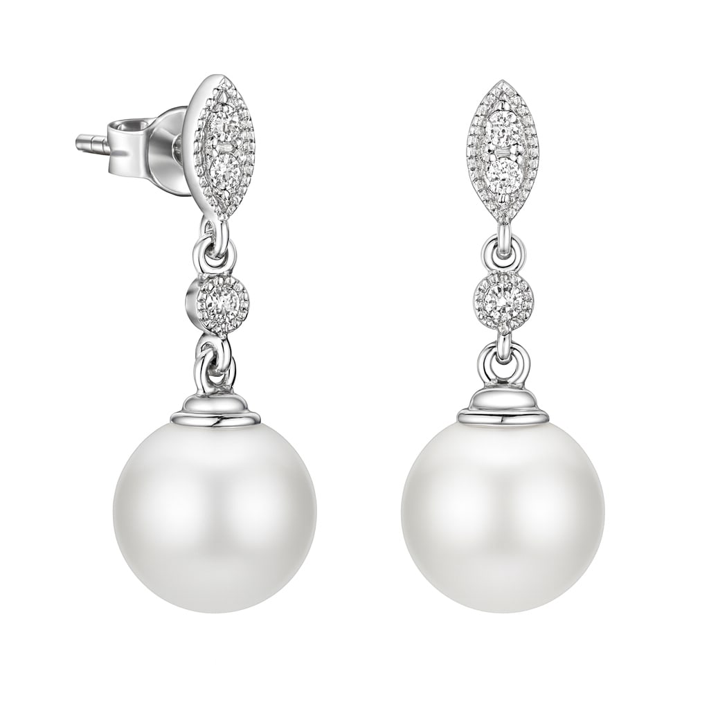 14k White Gold Freshwater Pearl & Diamond Stud Earrings: In a moment of elegance, this exquisite pair of stud earrings featuring Freshwater Pearl and Diamond captivates the discerning eye. The pearls are gracefully suspended, complemented by brilliant-cut d