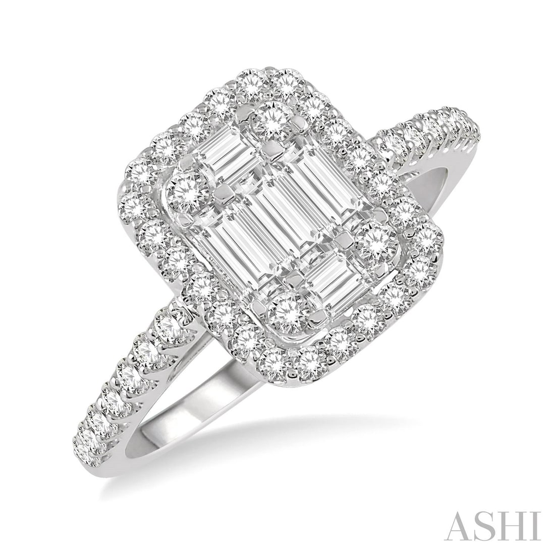 0.51 ctw Baguette & Round Diamond Halo 14K White Gold Ring: A vision of luxury, this magnificent Halo ring featuring White Diamond defines sophistication. Securely held in a classic Halo design, the ring is forged from 3.8 grams of high-polish 14K White Gold. 