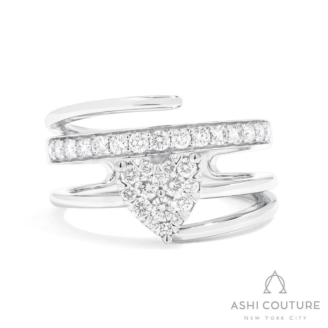 0.65 ctw White Diamond Fiori Heart Cluster 18K White Gold Ring: Exuding opulence and grace, this magnificent Fiori Heart Intertwined Cluster ring featuring White Diamond is crafted for the distinguished. A detailed Cluster gallery secures the stones, rendered in 8
