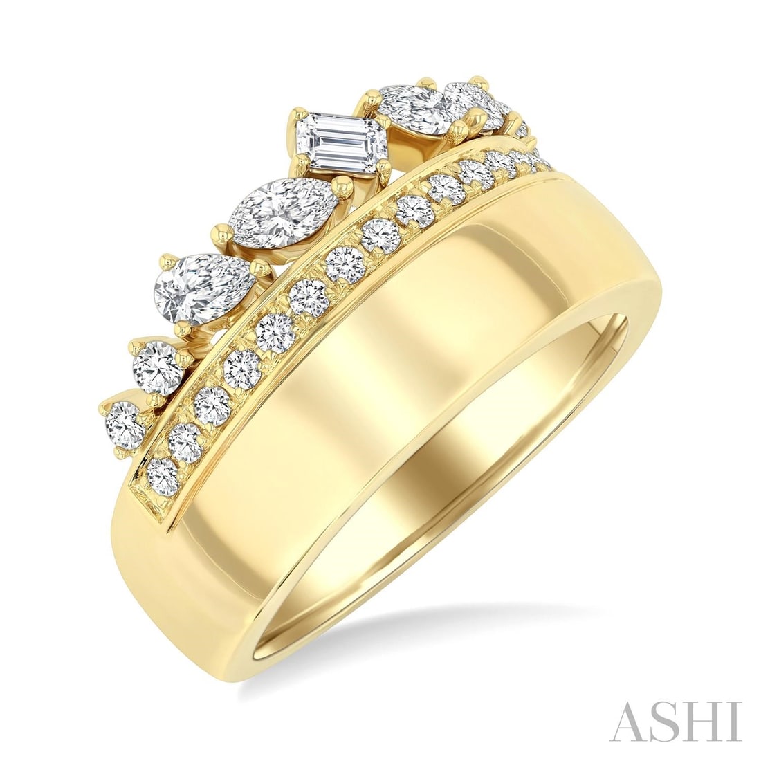 0.75 ctw Mixed Cut Diamond Fashion 14K Yellow Gold Ring: Rare and radiant, this magnificent Mixed Diamond Cut ring featuring White Diamond offers a touch of the extraordinary. A detailed Cluster gallery secures the stones, rendered in 5.15 grams of lustrous