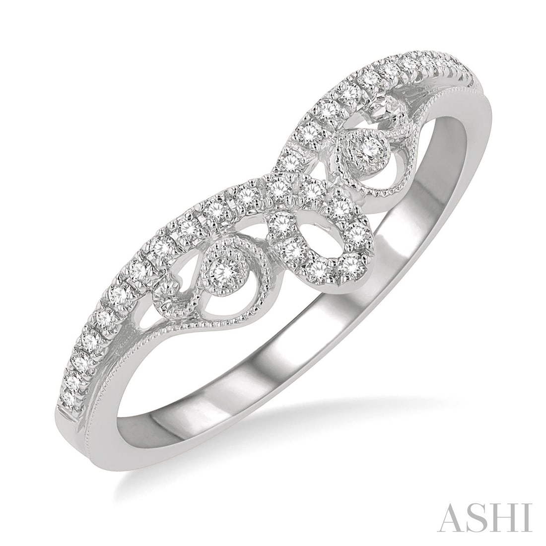 0.16 ctw Diamond Chevron Loop Lattice 14K White Gold Ring: Defining modern elegance, this stunning Chevron Loop Lattice ring featuring White Diamond captures the essence of style. Expertly mounted in a Contour Band setting, the ring is crafted in 2.65 grams o