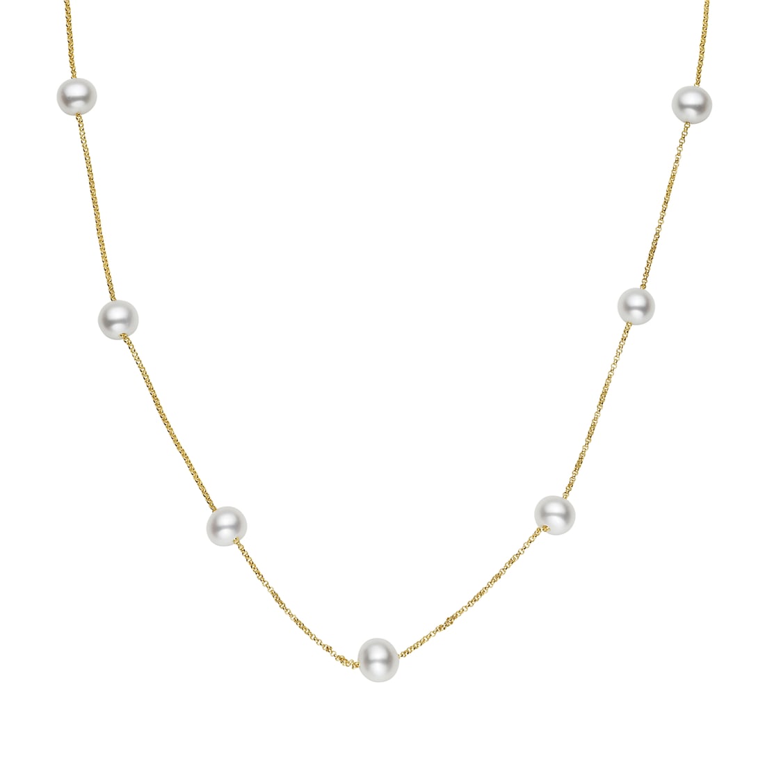 14k Yellow Gold Necklace with Freshwater Pearls: This exquisite necklace embodies sophistication and charm, featuring lustrous Freshwater Pearls delicately spaced along a fine chain. Crafted with precision, the 14k Yellow Gold chain enhances the ele