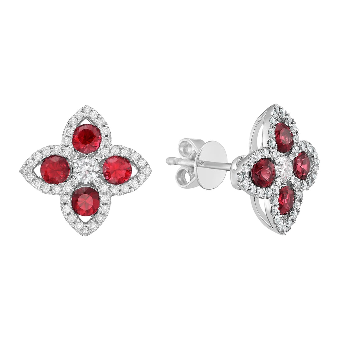 14K White Gold Ruby and Diamond Earrings with Rhodium Plating: A captivating blend of elegance and sophistication, this exquisite pair of earrings features vibrant Rubies and dazzling Diamonds. Crafted in a modern design, the earrings are meticulously set in high