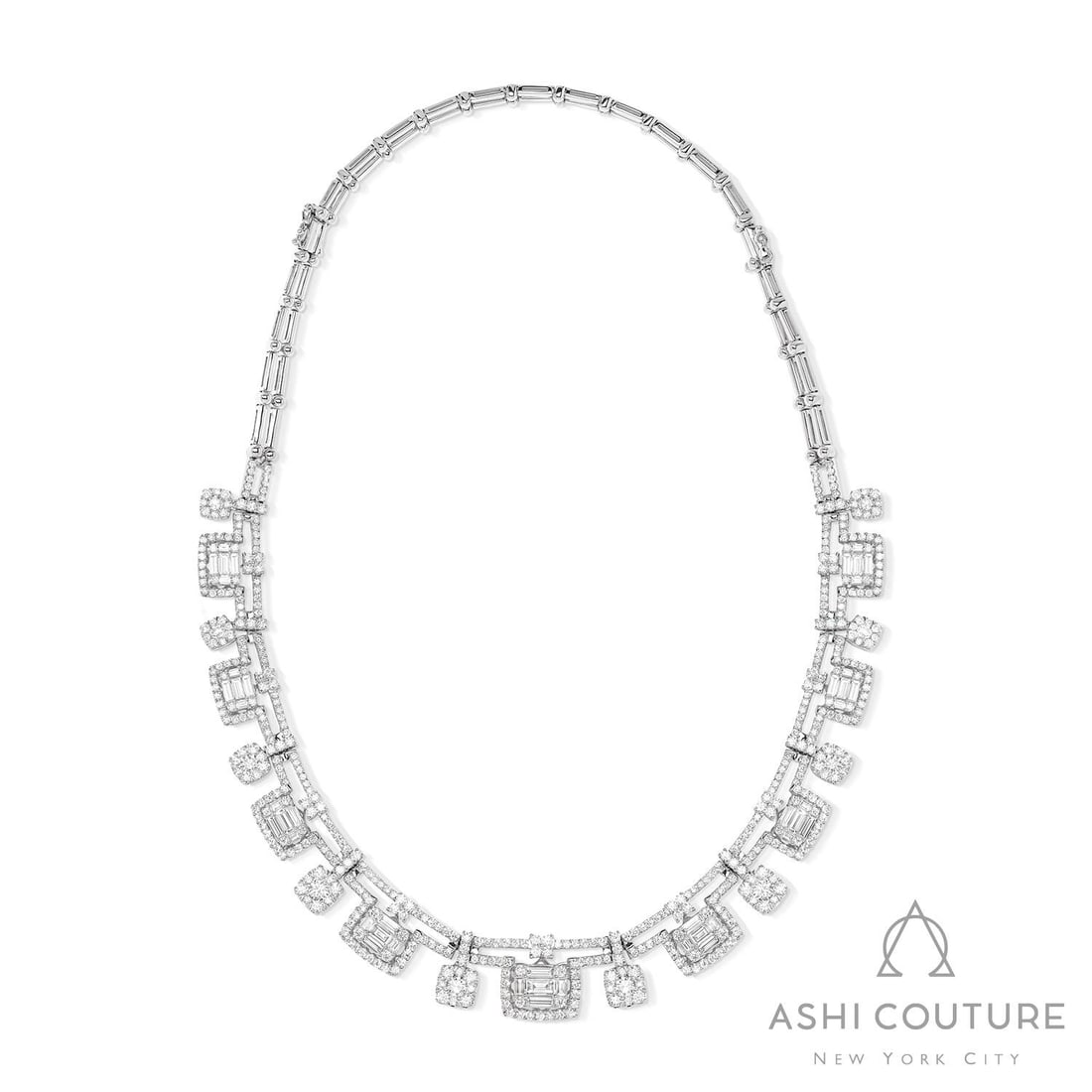 14.09 ctw White Diamond 18K White Gold Collar Necklace: Timeless and sophisticated, this magnificent Baguette Collar necklace featuring White Diamond radiates enduring beauty. Securely held in a classic Collar design, the necklace is forged from 54.95 gram