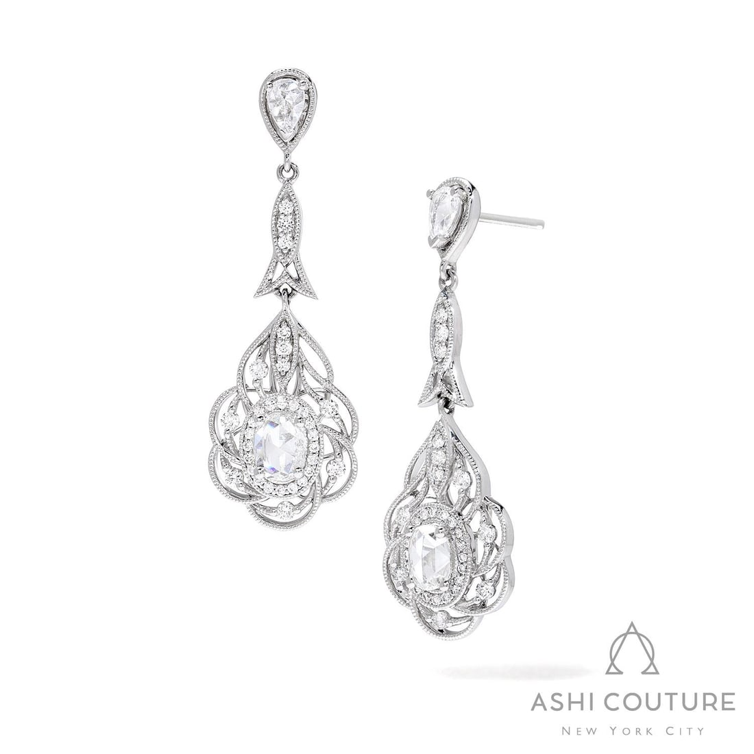1.77 ctw Diamond Mademoiselle Floral 18K White Gold Earrings: Timeless and sophisticated, this elegant Floral pair of earrings featuring White Diamond radiates enduring beauty. Expertly mounted in a Drop setting, the earrings are crafted in 7.6 grams of solid 18