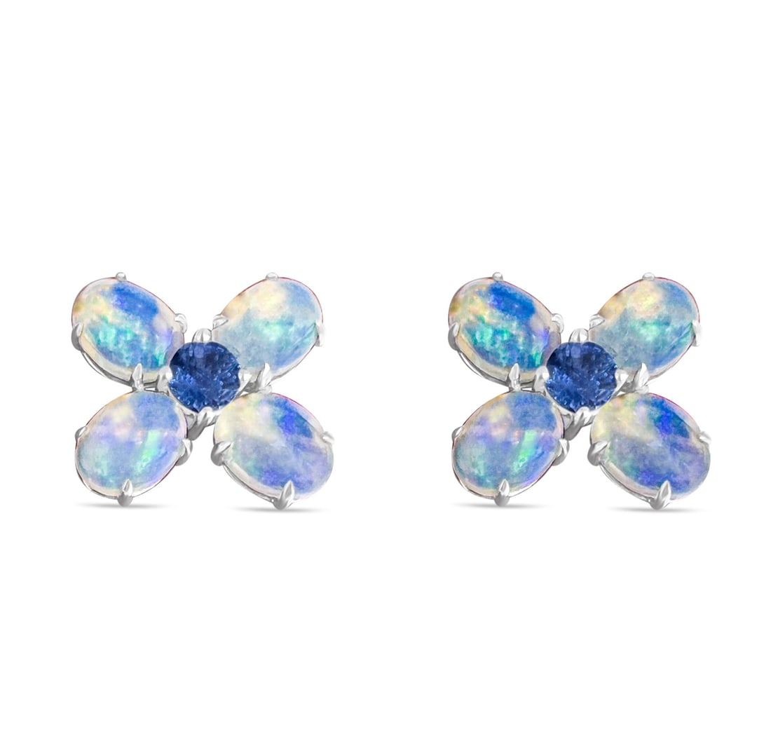 6.48ct Oval Opal and 1.04ctw Sapphire 14K White Gold Stud Earrings: Timeless and sophisticated, this magnificent Butterfly pair of earrings featuring Opal, Blue Sapphire radiates enduring beauty. The gemstones are nestled within a Cluster framework, supported by a sub
