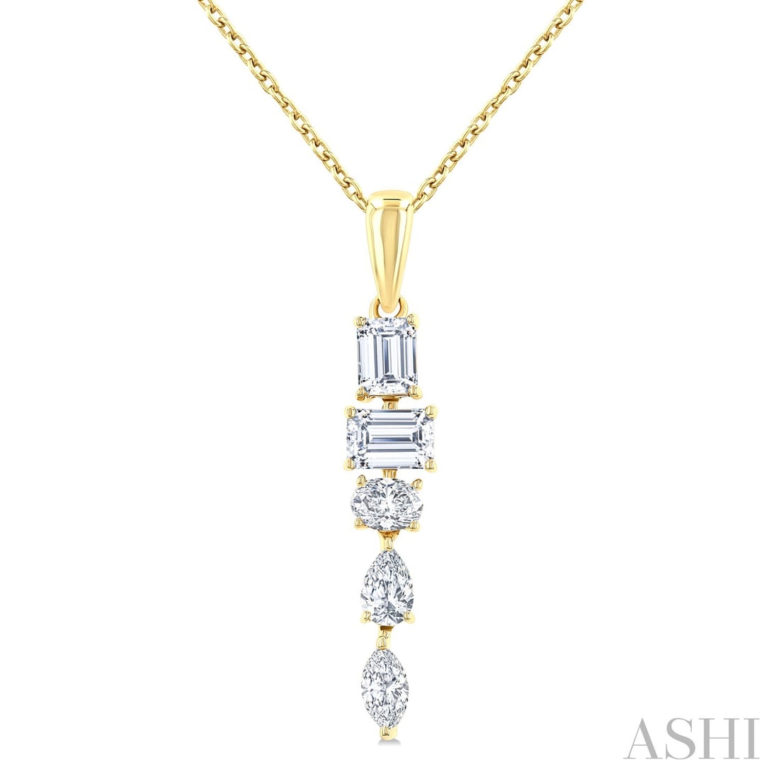 0.85 ctw Mixed Cut Diamond Dangle 14K Yellow Gold Pendant: Defining modern elegance, this stunning Dangle pendant featuring Natural Diamonds captures the essence of style. Expertly mounted in a Dangle setting, the pendant is crafted in 0.71 grams of solid 14K