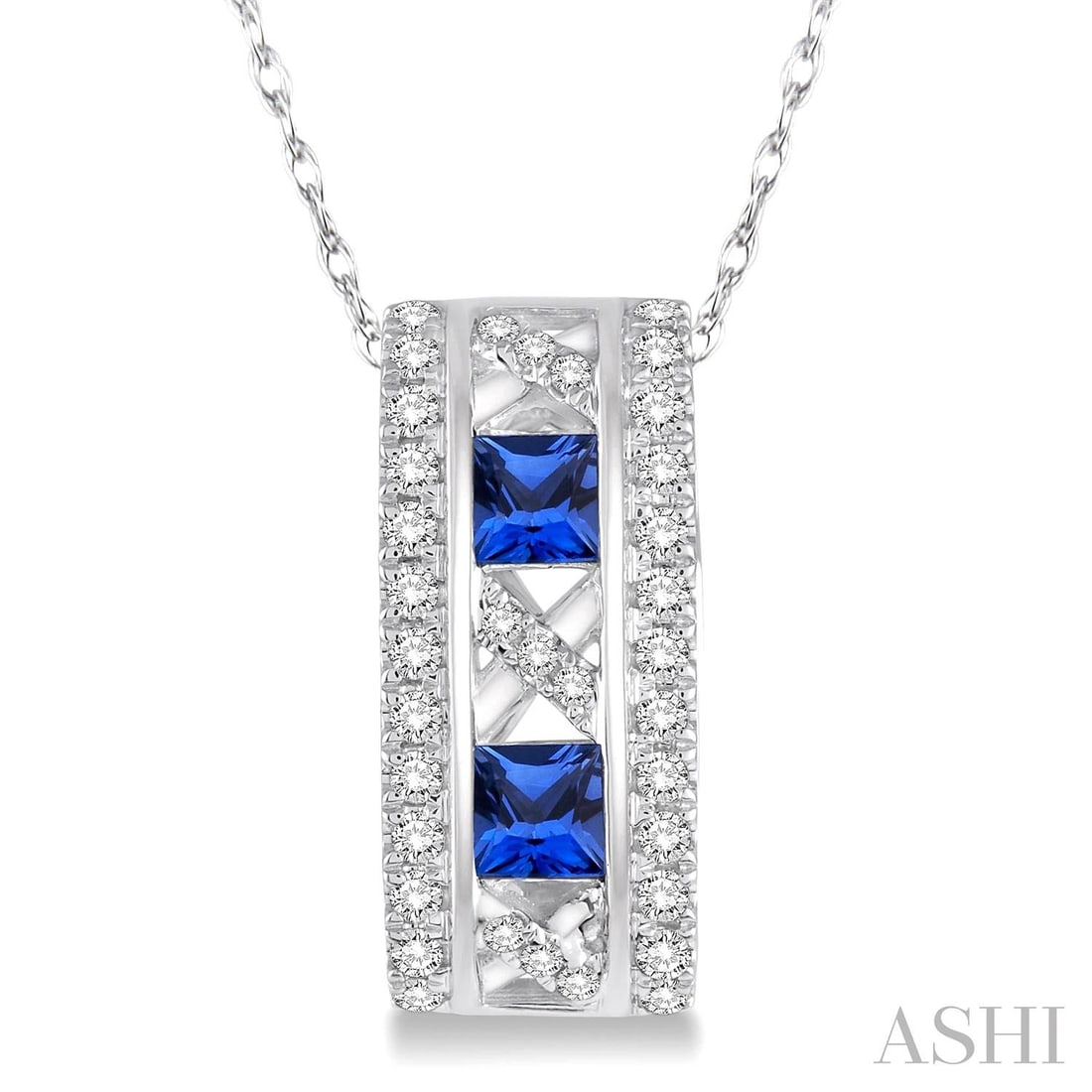 Two 3x3mm Blue Sapphire and 0.21 ctw White Diamond 14K White Gold Pendant: A symphony of light and color, this exquisite Princess Cut pendant featuring Blue Sapphire, White Diamond embodies the pinnacle of luxury. Securely held in a classic Barrel/Cylinder Drop design, the p