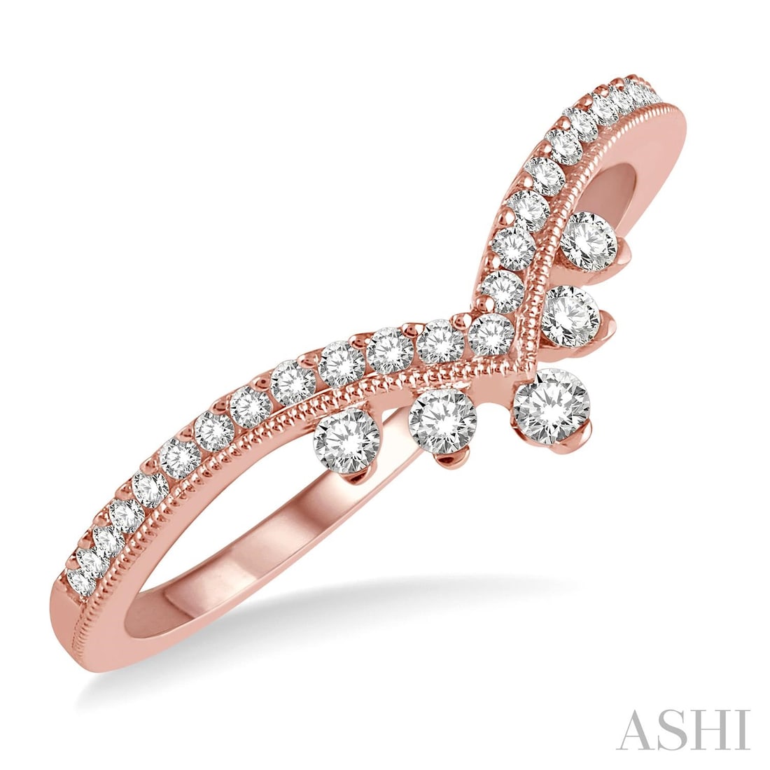 0.26 ctw Diamond Chevron 14K Rose Gold Band Ring: Epitomizing grandeur, this magnificent Chevron ring featuring White Diamond stands as a beacon of refined taste. Showcasing the gems in a Chevron arrangement, the ring consists of 2.0 grams of 14K Ros