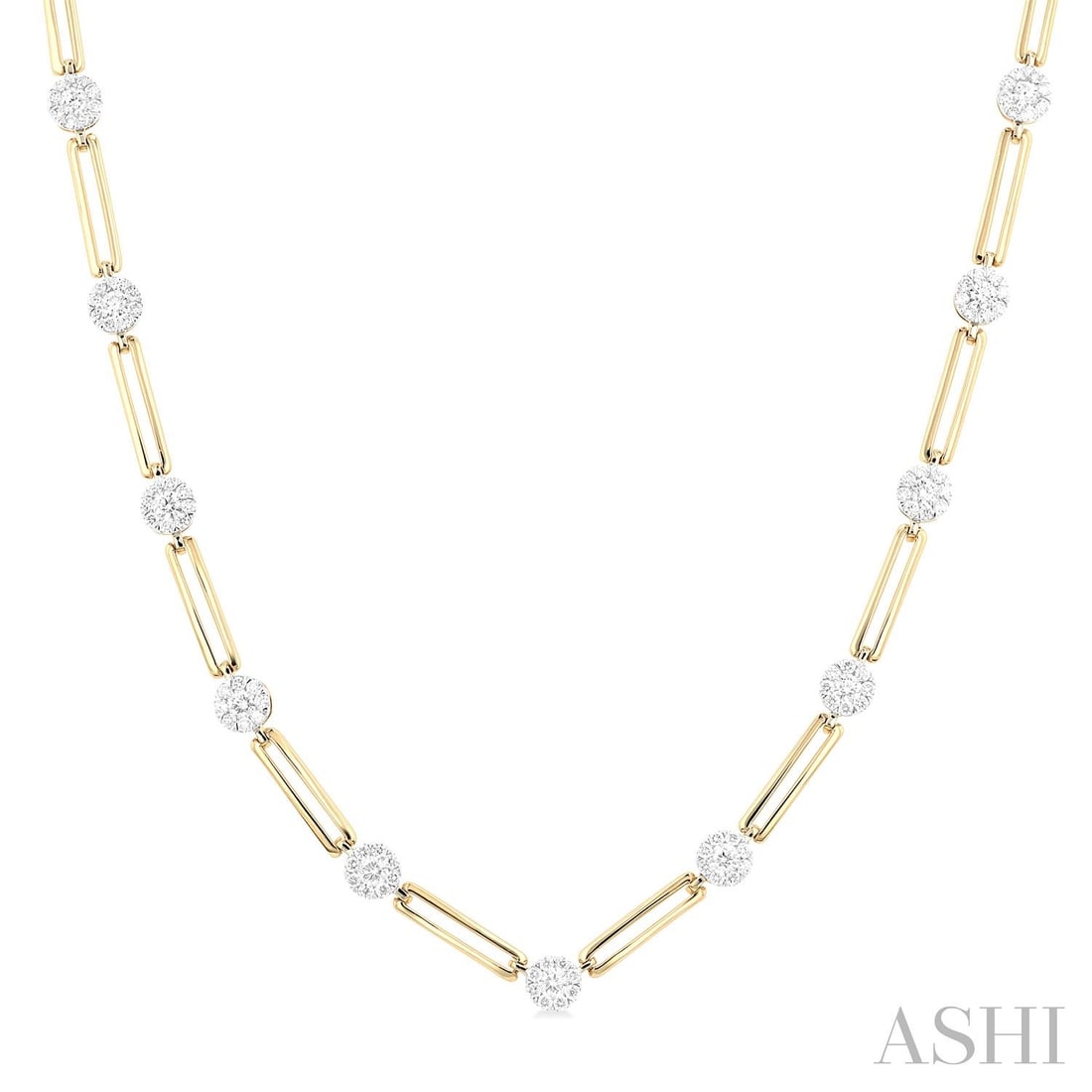 1.31 ctw White Diamond Cluster Paperclip 14K Yellow & White Gold Necklace: Exuding opulence and grace, this magnificent Paperclip necklace featuring Natural Diamonds is crafted for the distinguished. A detailed Cluster gallery secures the stones, rendered in 15.0 grams of lu