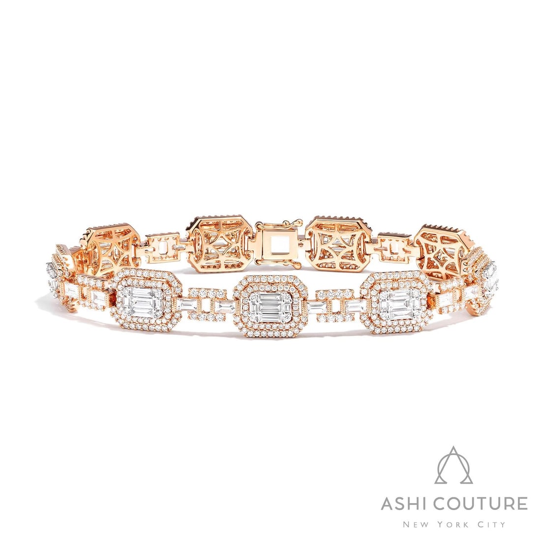 Empress 5.23 ctw Baguette Diamond 18K Rose & White Gold Link Bracelet: A symphony of light and color, this magnificent Baguette Link bracelet featuring White Diamond embodies the pinnacle of luxury. The gemstones are nestled within a Halo framework, supported by a substa