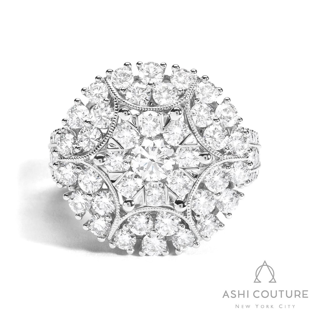 3.79 ctw Fiori Cluster White Diamond 18K White Gold Cocktail Ring: Timeless and sophisticated, this breathtaking Fiori Cluster ring featuring White Diamond radiates enduring beauty. Securely held in a classic Cluster design, the ring is forged from 9.65 grams of high