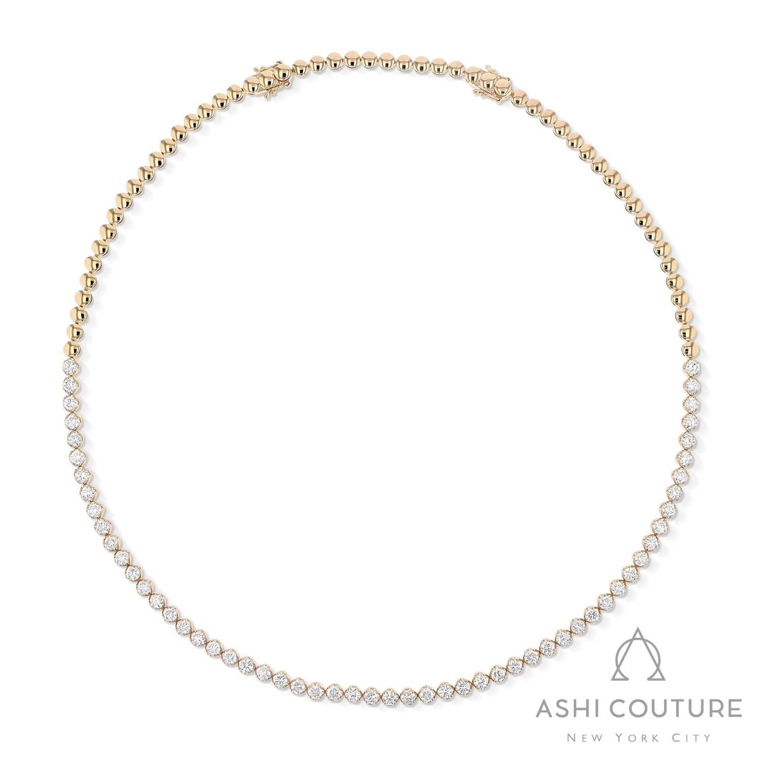 7.43 ctw White Diamond Duchess Halfway Tennis 18K Yellow Gold Necklace: Rare and radiant, this exquisite Continuous Line necklace featuring White Diamond offers a touch of the extraordinary. Showcasing the gems in a Continuous Line arrangement, the necklace consists of 29