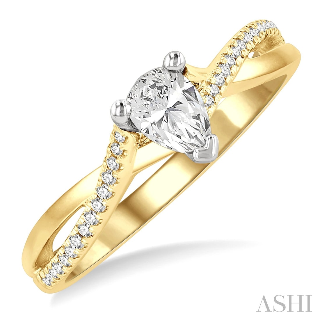 0.52 ctw Pear & Round Diamond Split Shank 14K Yellow & White Gold Engagement Ring: Captured in a moment of brilliance, this stunning Split Crossover Shank ring featuring White Diamond speaks to the connoisseur. The gemstones are nestled within a Crossover Shank framework, supported 