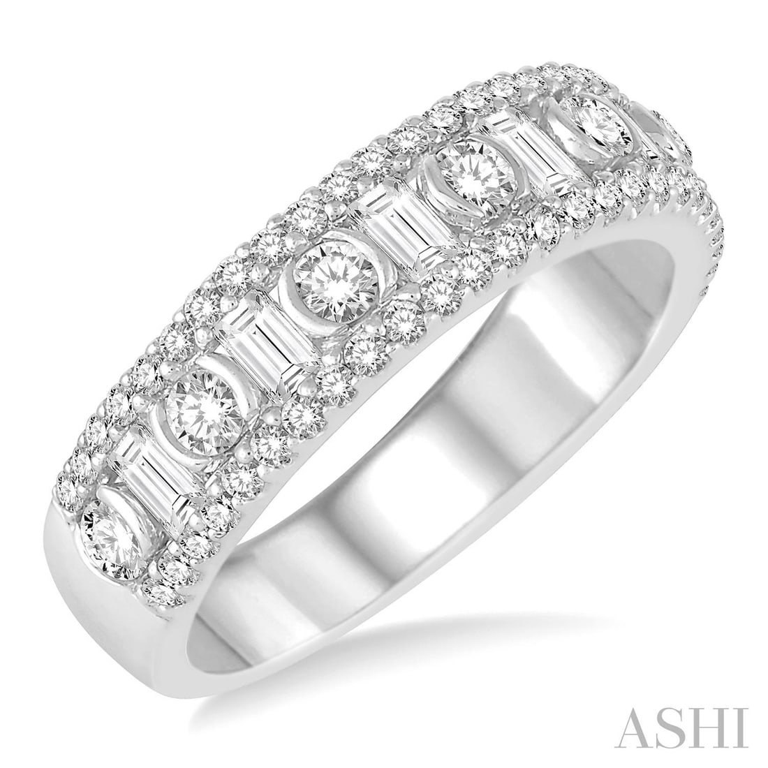 1.02 ctw Diamond Baguette & Round Cut 14K White Gold Fashion Band Ring: A vision of luxury, this magnificent Baguette & Round Cut ring featuring Natural Diamonds defines sophistication. The gemstones are nestled within a Band framework, supported by a substantial 4.15 gra