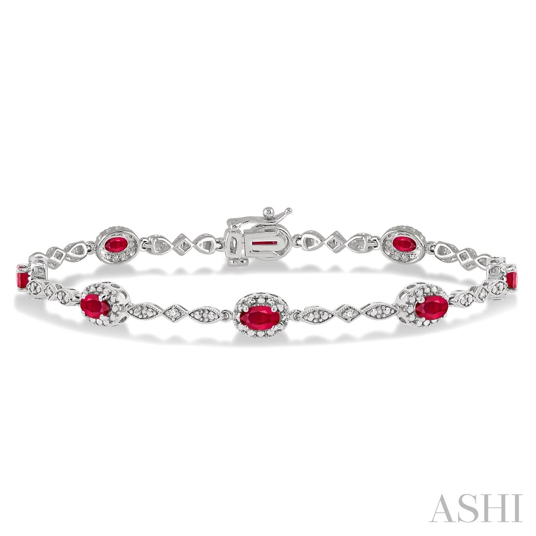 5x3 mm Oval Ruby and 0.05 ctw Diamond 14K White Gold Bracelet: Exuding opulence and grace, this elegant Halo bracelet featuring Ruby, White Diamond is crafted for the distinguished. Showcasing the gems in a Halo arrangement, the bracelet consists of 6.05 grams of