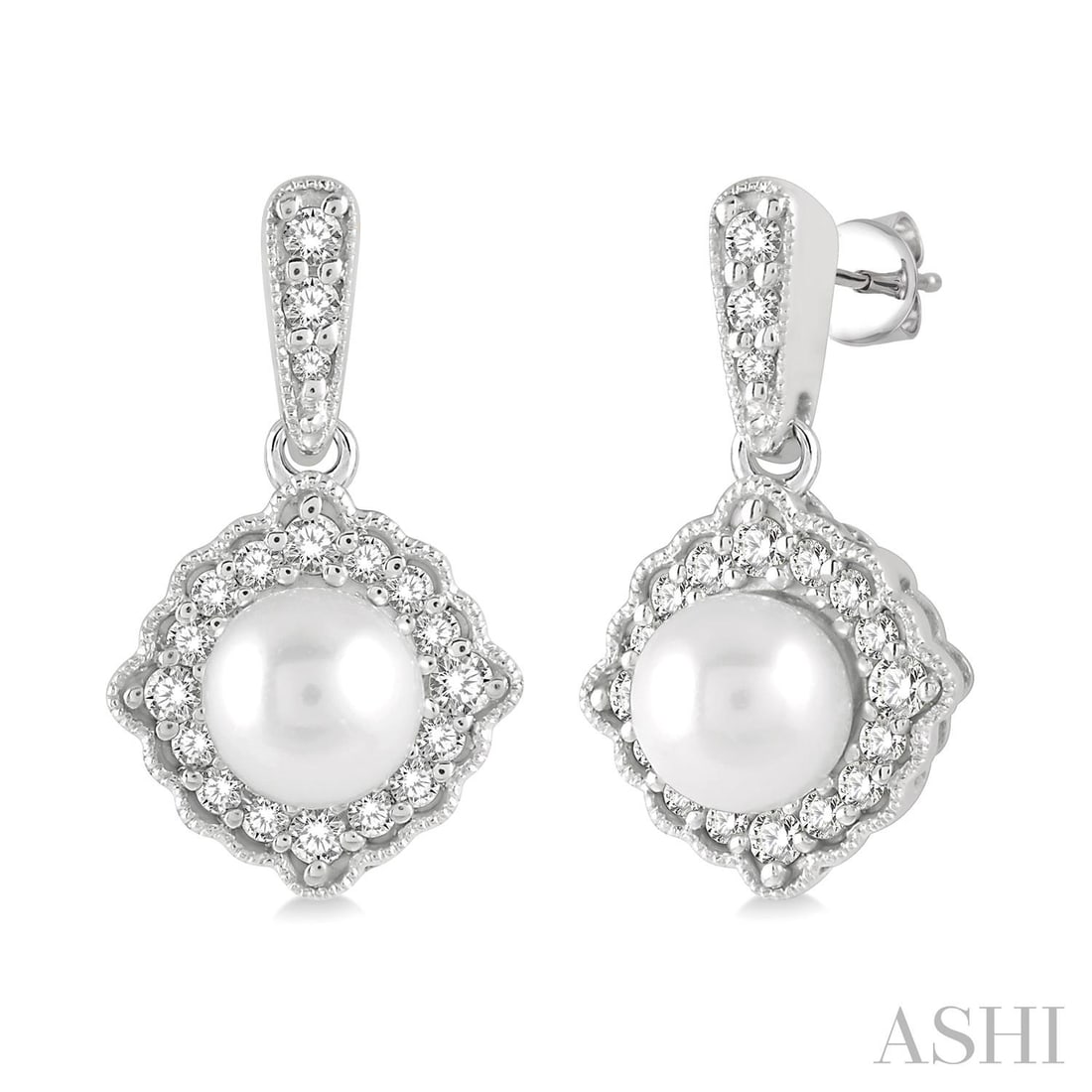 6mm Cultured Pearl and 0.25 ctw White Diamond 10K White Gold Earrings: Defining modern elegance, this elegant Halo pair of earrings featuring Cultured Pearl, White Diamond captures the essence of style. The gemstones are nestled within a Halo framework, supported by a su