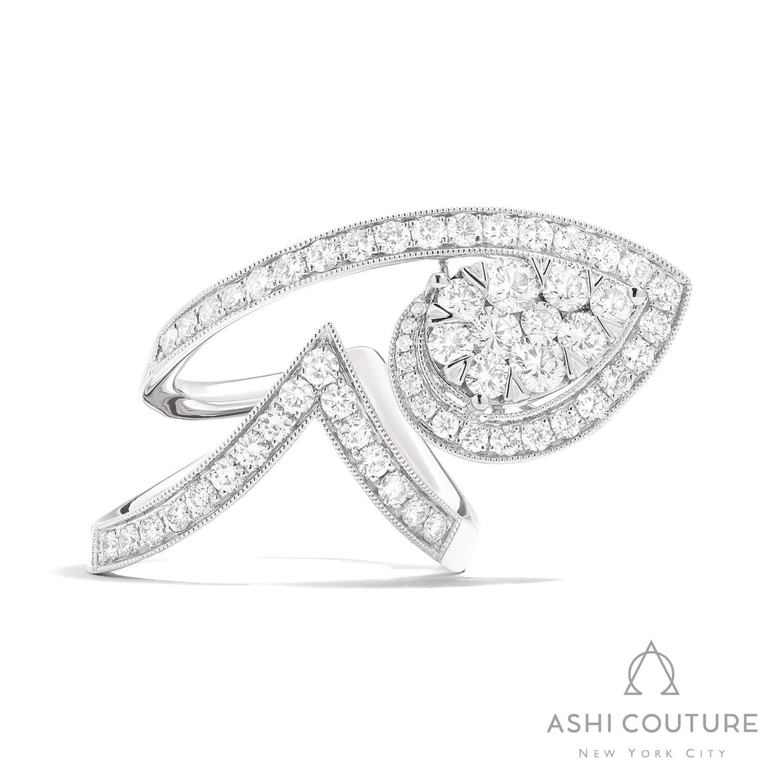1.79 ctw Diamond Fiori Cluster Cocktail 18K White Gold Ring: Epitomizing grandeur, this exquisite Fiori Pear Avant-Garde Cluster ring featuring White Diamond stands as a beacon of refined taste. Crafted with precision, the Bypass/Wrap-around with a Cluster Head