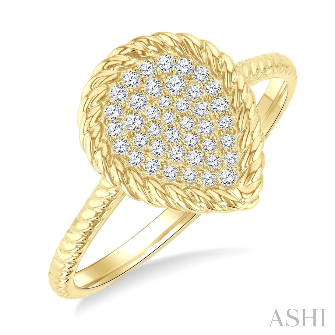 0.20 ctw Pear Shape Diamond Rope Accent 10K Yellow Gold Ring: Exuding opulence and grace, this elegant Rope Accent ring featuring White Diamond is crafted for the distinguished. Crafted with precision, the Cluster setting is seamlessly integrated into 2.55 grams