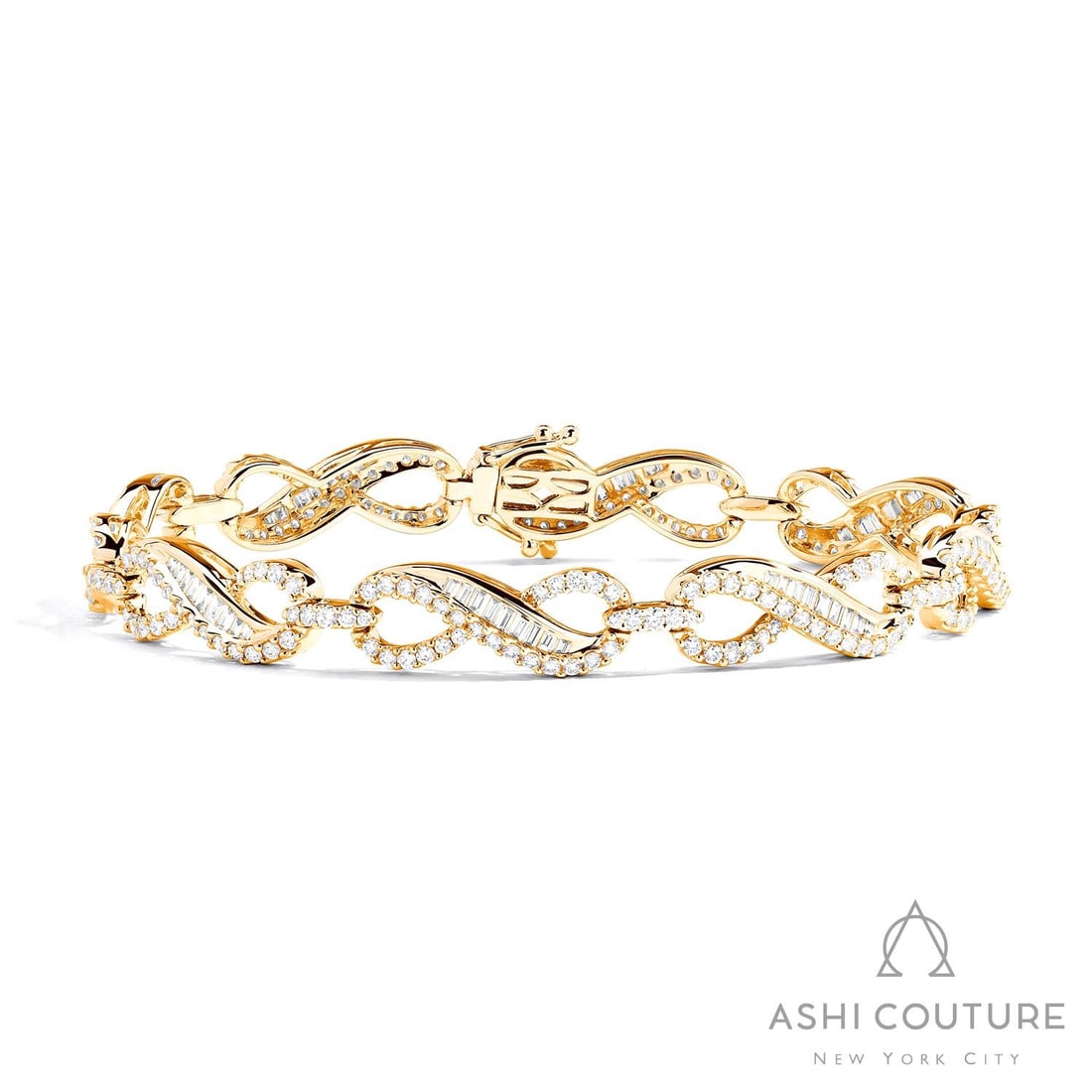 2.96 ctw Baguette & Round Diamond Infinity 18K Yellow Gold Bracelet: Retail Value: $22,920 Exuding opulence and grace, this exquisite Infinity bracelet featuring White Diamond is crafted for the distinguished. A detailed Link Bracelet gallery secures the stones, render