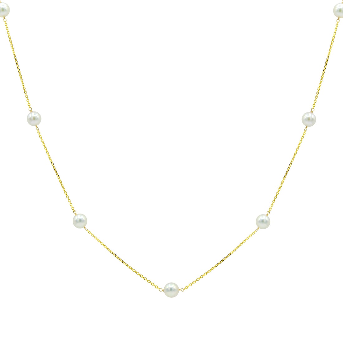 14K Yellow Gold Necklace with Cultured Pearls - Modern Design: Radiating sophistication, this exquisite necklace features Cultured Pearls delicately spaced along a fine chain. Crafted from 14K Yellow Gold, it embodies a Modern aesthetic. A refined piece for any c