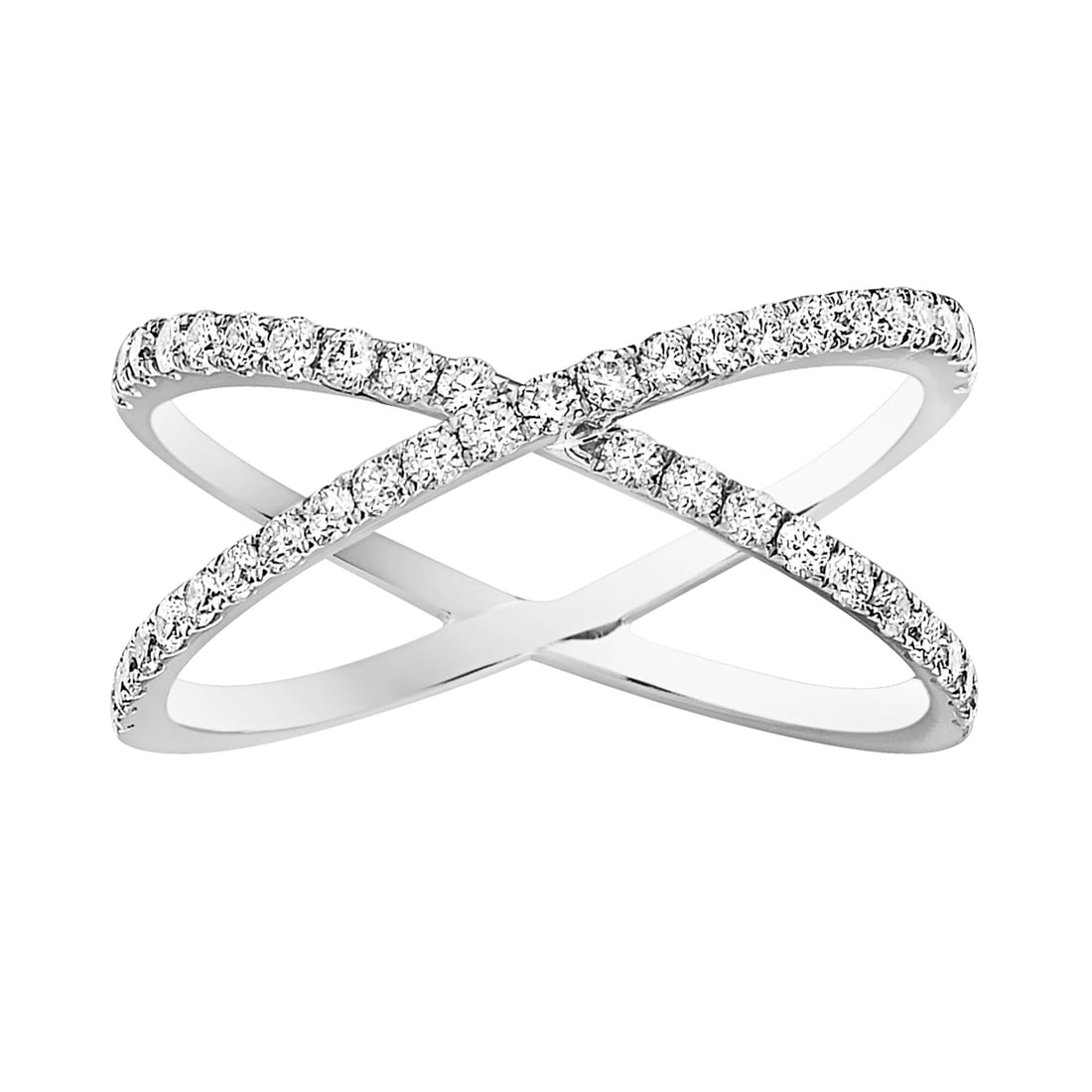 14k White Gold Ring with 0.47ct Diamonds G SI1 Clarity: Radiating sophistication, this exquisite ring features a contemporary design with intersecting bands. Adorned with round white diamonds, the piece is crafted from 14k white gold with a rhodium finish.