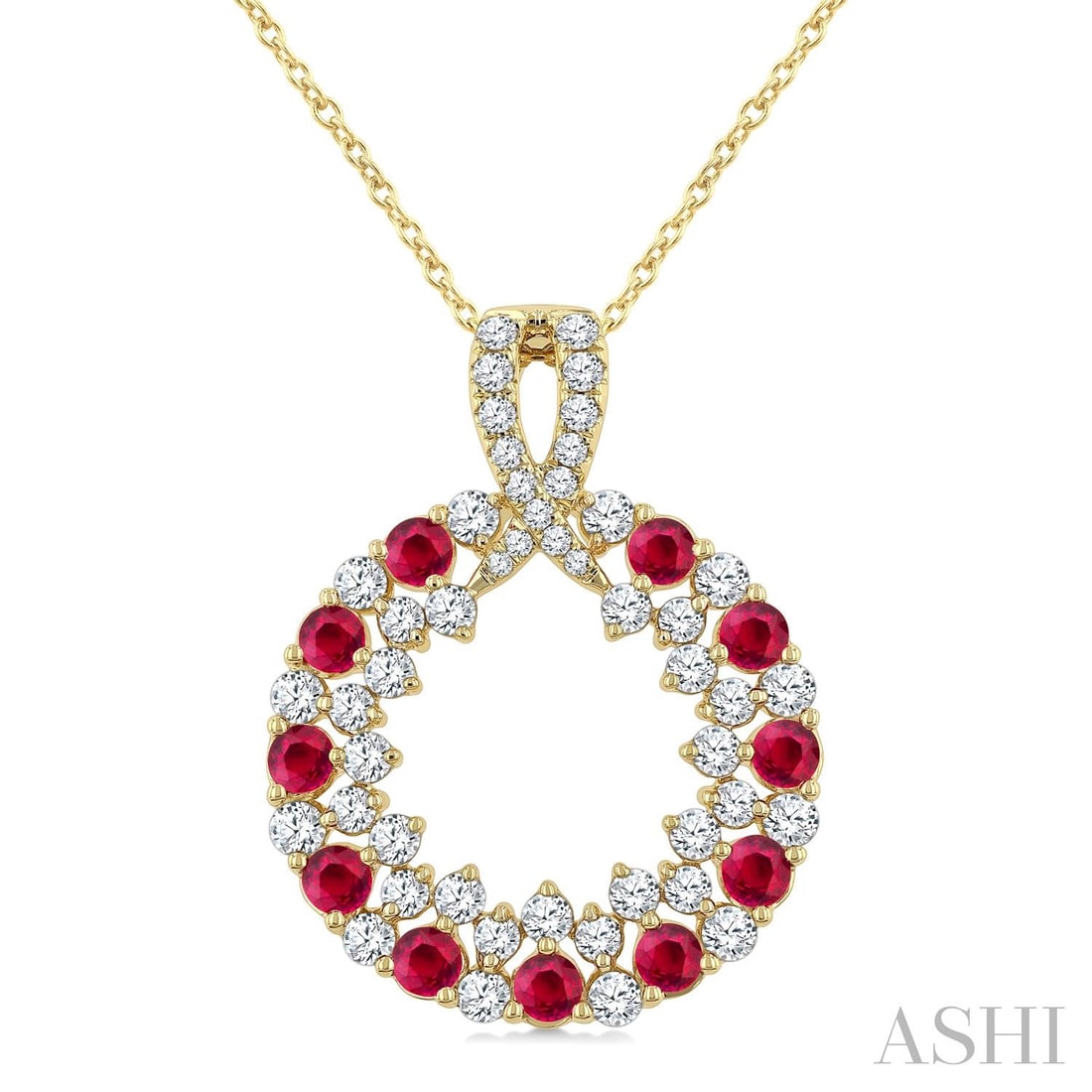 2.3mm Ruby and 0.70 ctw Diamond 14K Yellow Gold Pendant: Exuding opulence and grace, this breathtaking Circle pendant featuring Ruby, White Diamond is crafted for the distinguished. A detailed Cluster gallery secures the stones, rendered in 2.2 grams of lus