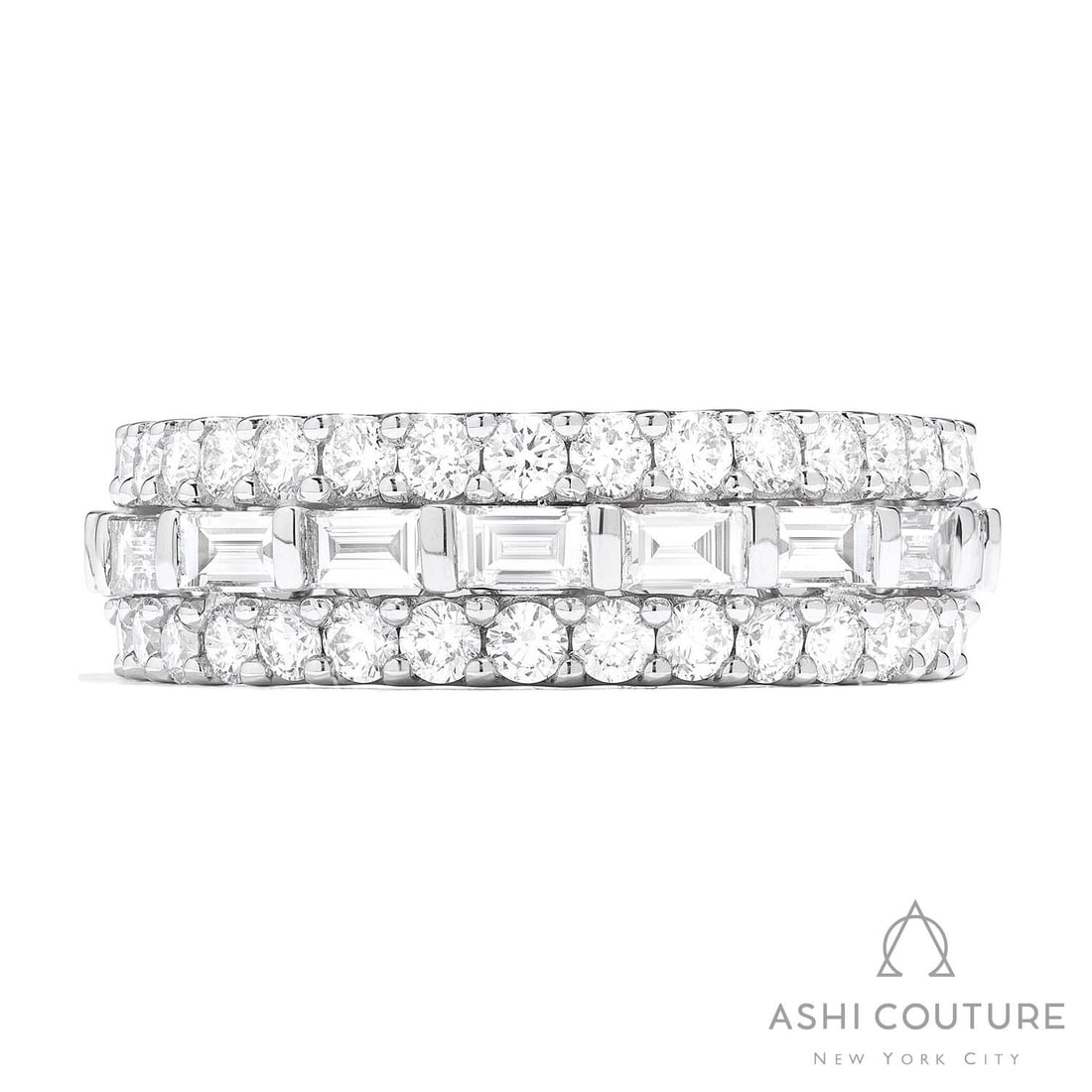 1.67 ctw Baguette Diamond 18k White Gold Band Ring: Retail Value: $10,755 Epitomizing grandeur, this magnificent Baguette & Diamond Band ring featuring Natural White Diamonds stands as a beacon of refined taste. Expertly mounted in a Three-Row Band set