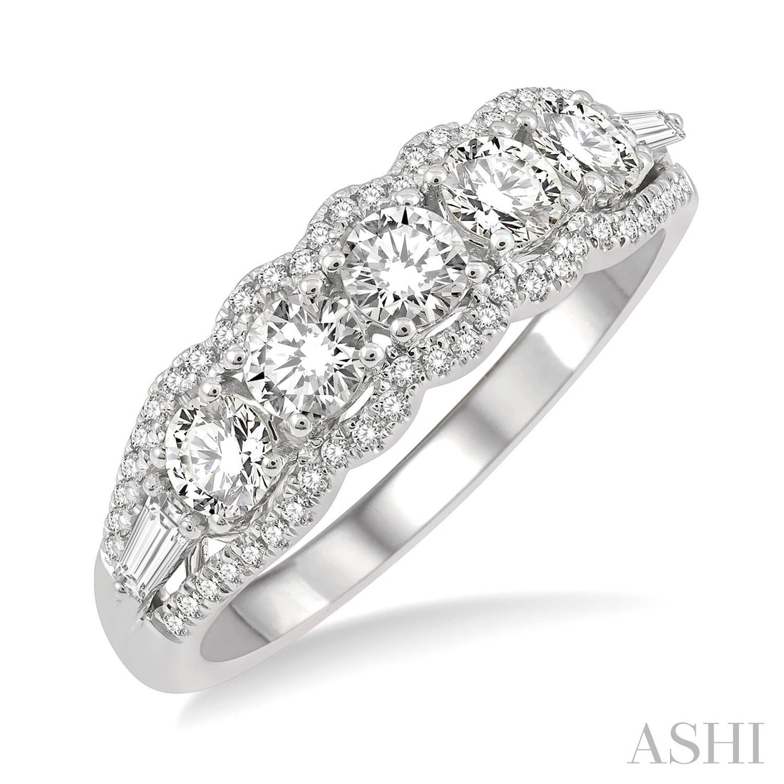 1.01 ctw Round and Baguette Diamond 14K White Gold Fashion Ring: Epitomizing grandeur, this magnificent Split Shank ring featuring White Diamond stands as a beacon of refined taste. Crafted with precision, the Five-Stone setting is seamlessly integrated into 2.7 gr