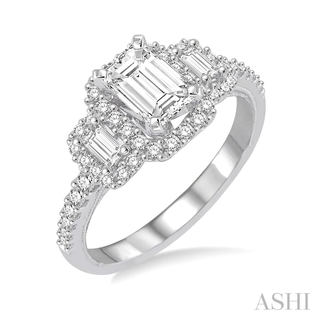 0.62 ctw Emerald Cut Diamond 14K White Gold Engagement Ring: Defining modern elegance, this magnificent Three-Stone ring featuring White Diamond captures the essence of style. The gemstones are nestled within a Three-Stone framework, supported by a substantial 