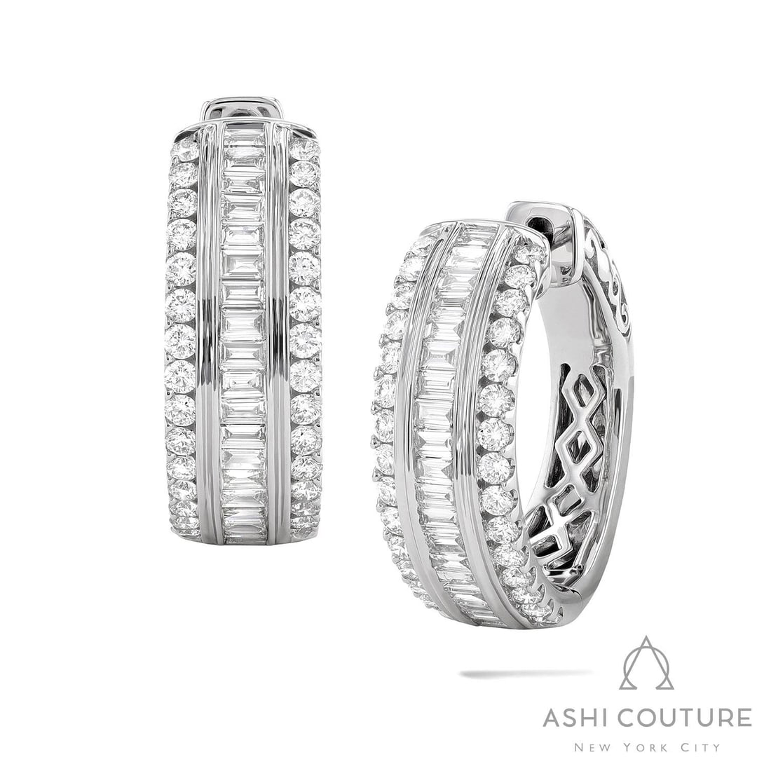 1.41 ctw Baguette & Round Diamond 18K White Gold Hoop Earrings: A testament to superior craftsmanship, this breathtaking Baguette-Cut pair of earrings featuring Natural Diamonds is unparalleled. Crafted with precision, the Multi-Row Channel and Shared Prong settin