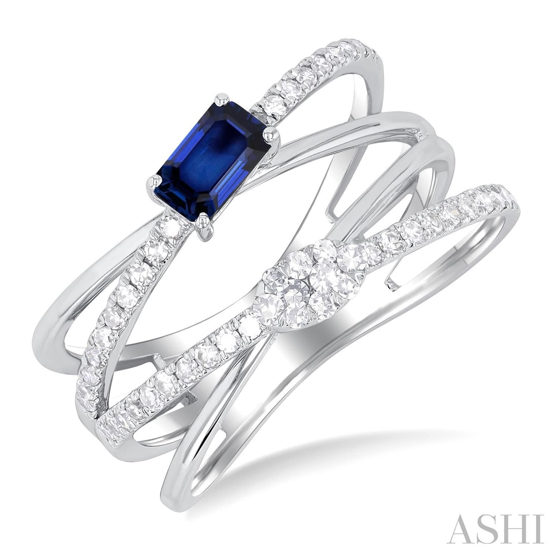 5x3mm Blue Sapphire and 0.27 ctw Diamond 10K White Gold Ring: Captured in a moment of brilliance, this magnificent Double Criss Cross Cluster ring featuring Blue Sapphire, White Diamond speaks to the connoisseur. Securely held in a classic Cluster design, the ri